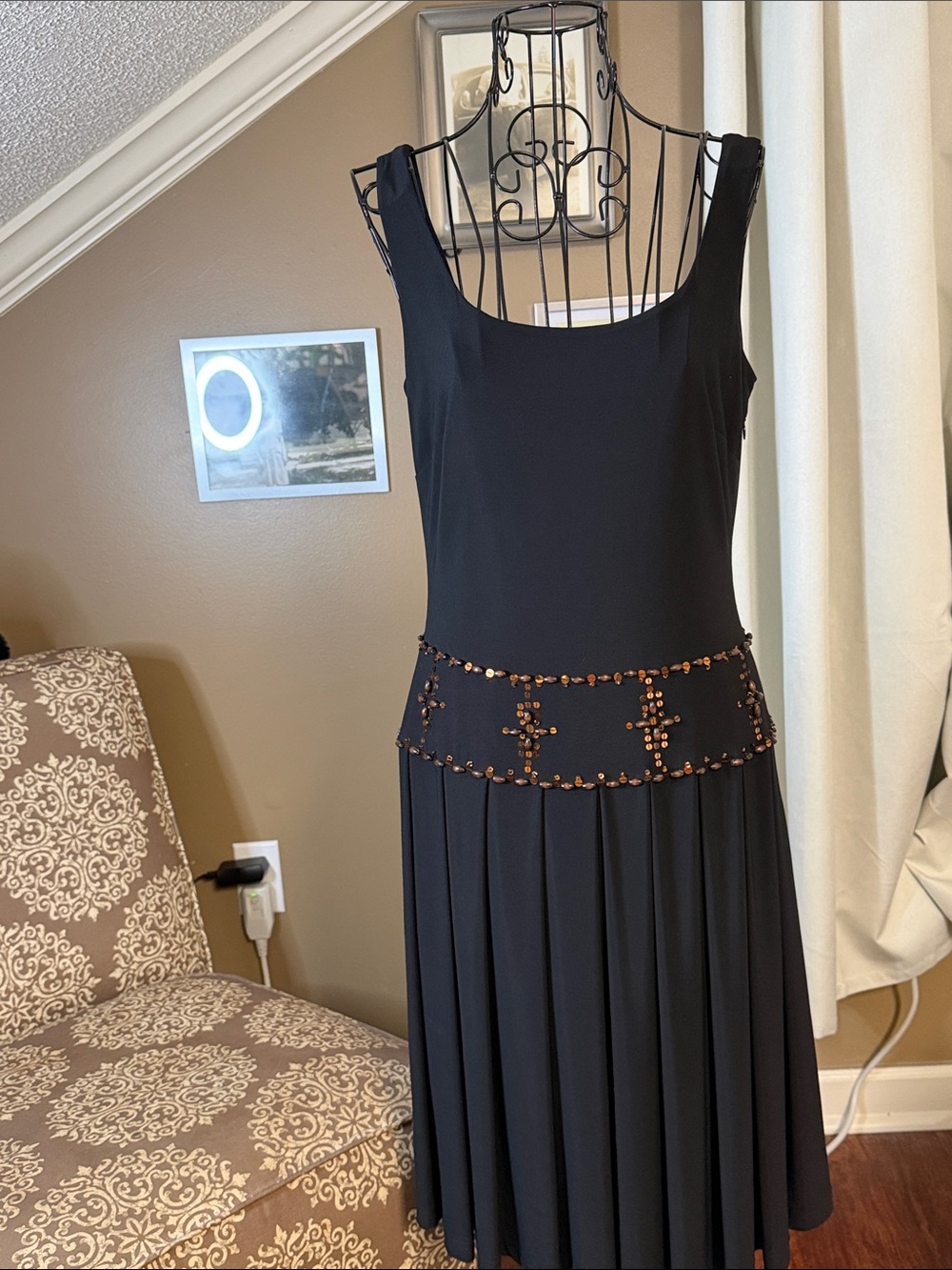Talbots Black Beaded Waist Sleeveless Pleated Dress